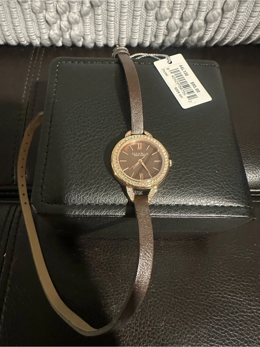 Caravelle New York Women's Brown Leather Double-Wrap Watch with Crystal Accents